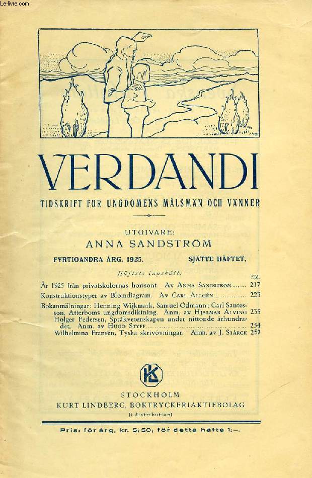 VERDANDI, FYRTIOANDRA RG. 1925, SJTTE HFTET, TIDSKRIFT FR UNGDOMENS MLSMN OCH VNNER