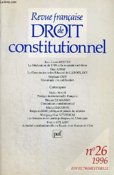 REVUE FRANCAISE DE DROIT CONSTITUTIONNEL - 1996 - N26 - REVUE TRIMESTRIELLE PUBLIEE AVEC LE CONCOURS DU CENTRE NATIONAL DU LIVRE