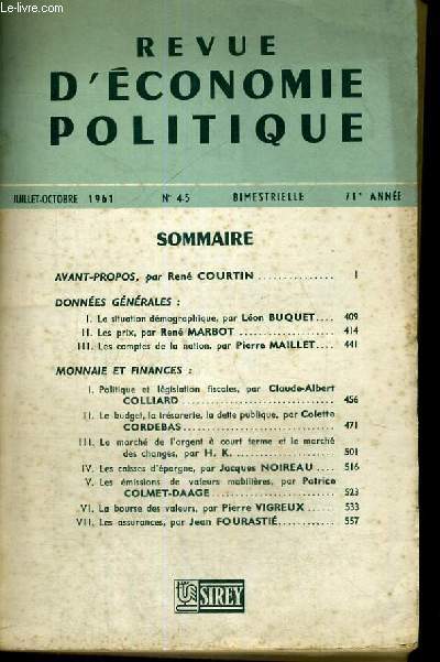REVUE D'ECONOMIQUE POLITIQUE - LA FRANCE ECONOMIQUE EN 1960 - JUILLET-OCTOBRE 1961 - N 4-5 - BIMESTRIELLE - 71 ANNEE