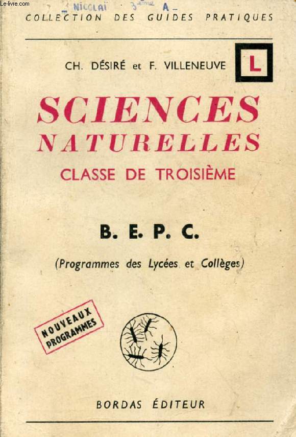 SCIENCES NATURELLES, CLASSE DE 3e, BEPC