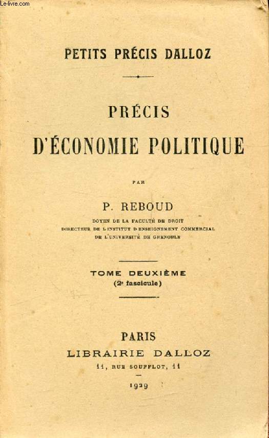 PRECIS D'ECONOMIE POLITIQUE, TOME II (2e FASCICULE)