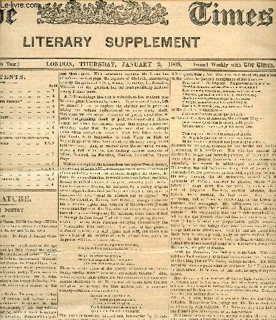 THE TIMES, LITERARY SUPPLEMENT, 7th YEAR, JAN.-DEC. 1908 (Contents of n 312: French Poetry. Extinct Birds. The Author of 'Rab and His Friends'. West ham: A Social Study. Women of Florence. A History of Music in England. James III and VIII...)