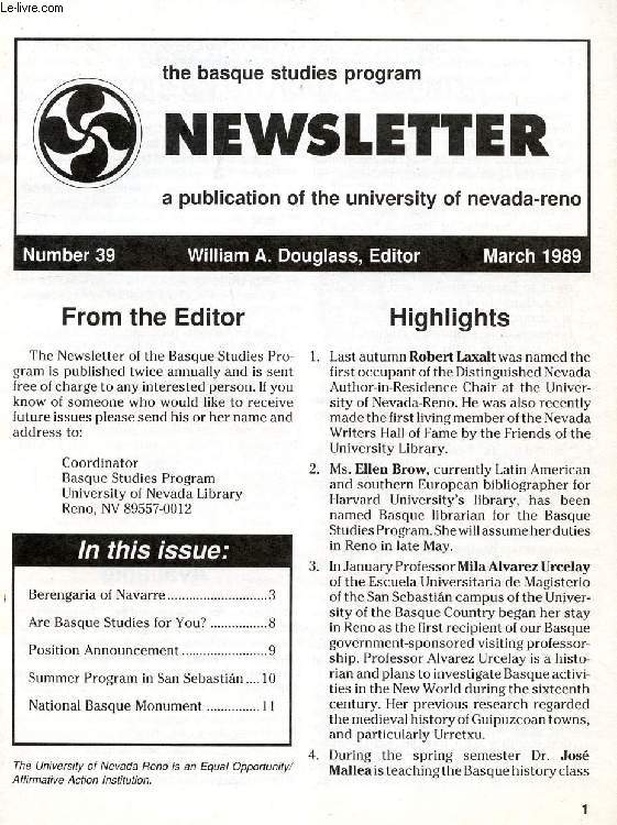 THE BASQUE STUDIES PROGRAM NEWSLETTER, N 39, MARCH 1989