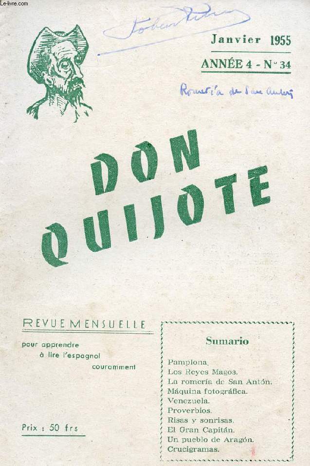 DON QUIJOTE, REVUE MENSUELLE POUR APPRENDRE A LIRE L'ESPAGNOL COURAMMENT, N 34, JAN. 1955