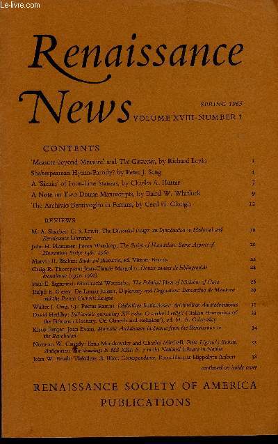 Renaissance News, volume XVIII, number 1  4, spring, summer, autumn and winter 1965 : 
