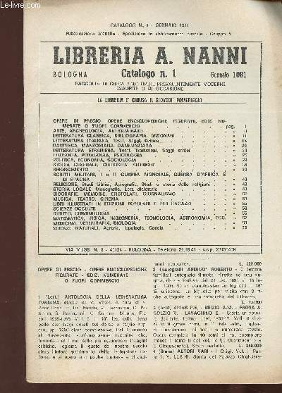 Libreria A. Nanni. Catalogo n1  5 : Diritto, criminilogia - Economia, sociologia - Filosofia, pedagogia, psicologia - Religione - etc