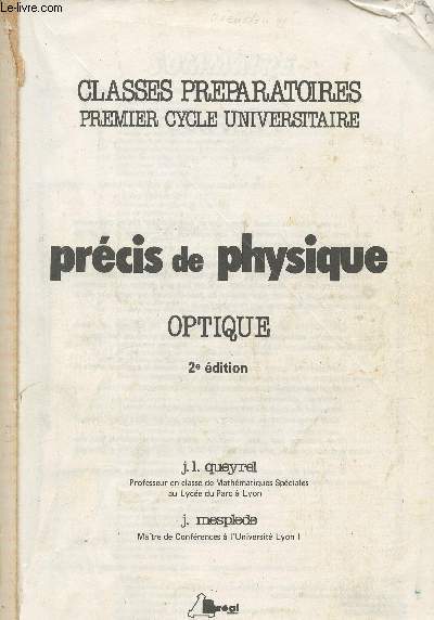 Prcis de physique: Optique- Classes prparatoires 1er cycle universitaire