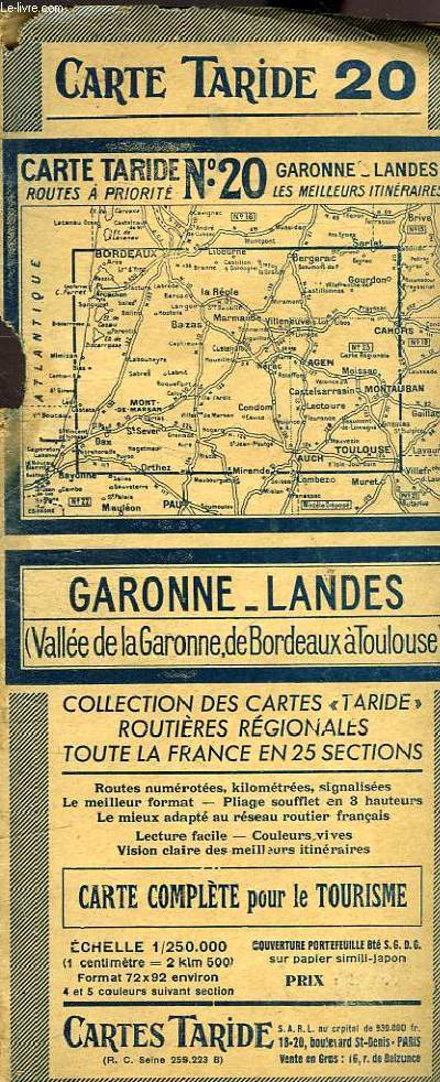 CARTE ROUTIERE REGIONALES N20 GARONNE LANDES (VALLE DE LA GARONNE, DE BORDEAUX A TOULOUSE - CARTE COMPLETE POUR LE TOURISME