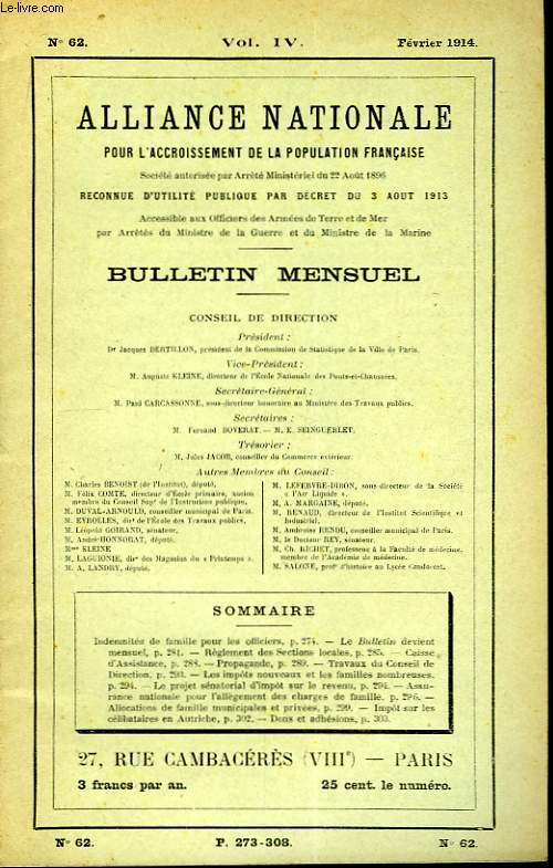 Bulletin Mensuel de l'Alliance Nationale pour l'Accroissement de la Population Franaise. N62, vol. IV