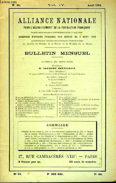 Bulletin Trimestriel de l'Alliance Nationale pour l'Accroissement de la Population Franaise. N64, vol. IV.