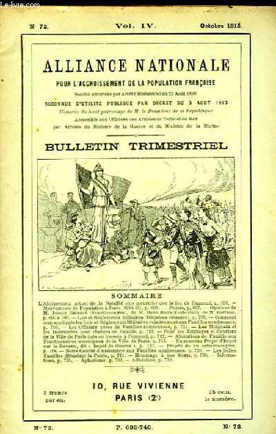 Bulletin Trimestriel de l'Alliance Nationale pour l'Accroissement de la Population Franaise. N72, vol. IV