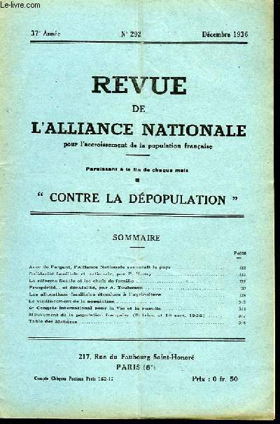 Revue de l'Alliance Nationale pour l'Accroissement de la population franaise. N292