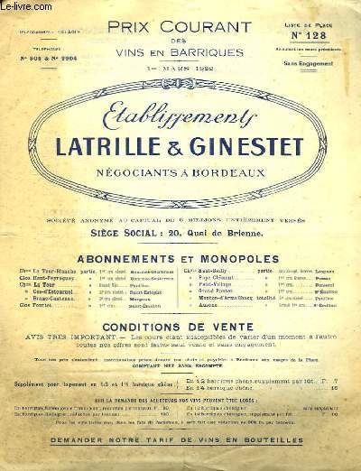 Prix Courant des vins en Barrique, n128 : 1 mars 1922