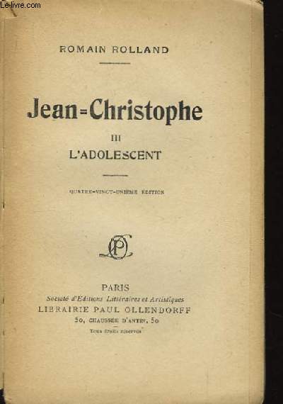 Jean-Christophe. TOME III : L'Adolescent.