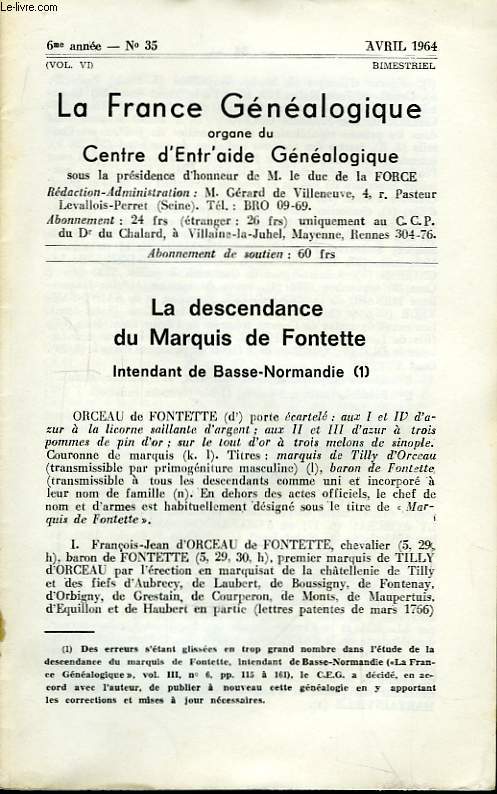 La France Gnalogique. N35 : La descendance du Marquis de Fontette