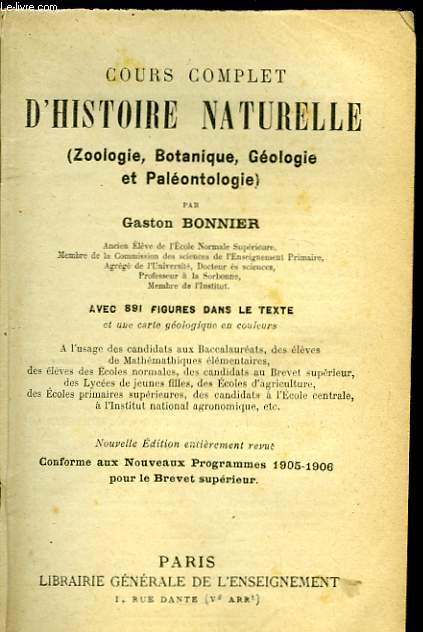Cours complet d'Histoire Naturelle (Zoologie, Botanique, Gologie et Palontologie).