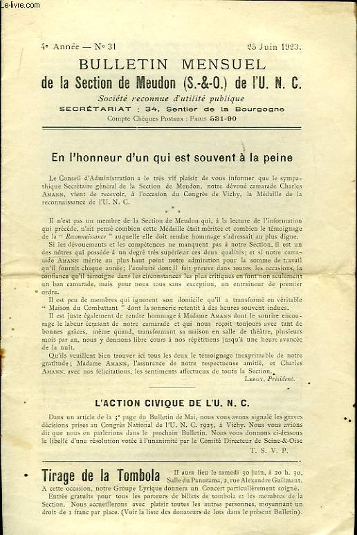 Bulletin Mensuel de la Section de Meudon (S. & O.) de l'U.N.C. N31, 4me anne.