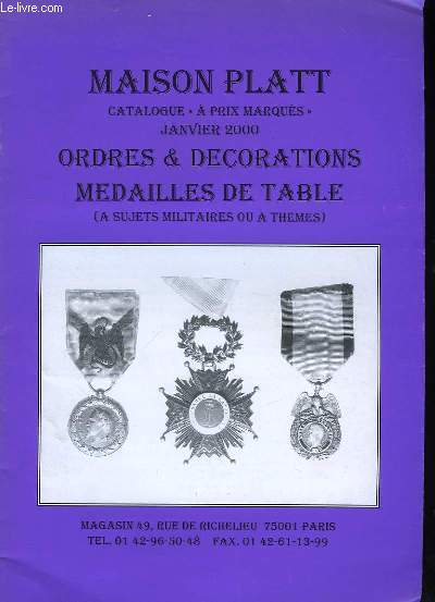 Catalogue d'Ordre & Dcorations, Mdailles et de Table