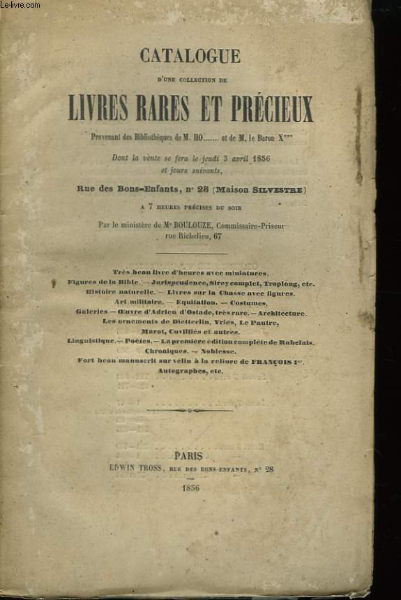 Catalogue d'une collection de Livres Rares et Prcieux.