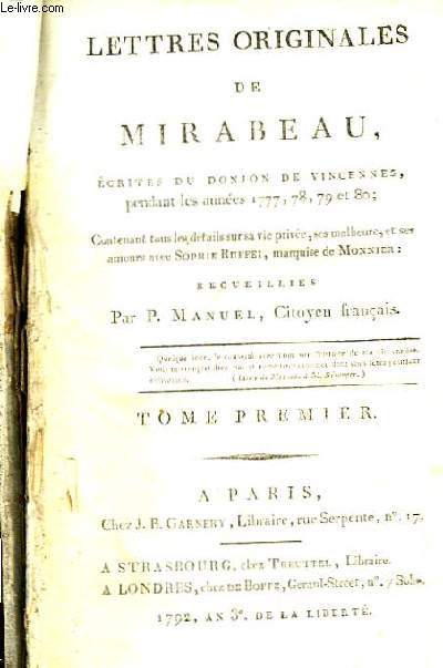 Lettres originales de Mirabeau. TOME Ier