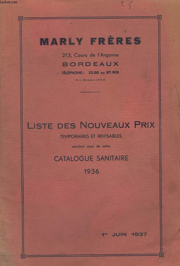 Liste des nouveaux prix. Catalogue Sanitaire 1936.