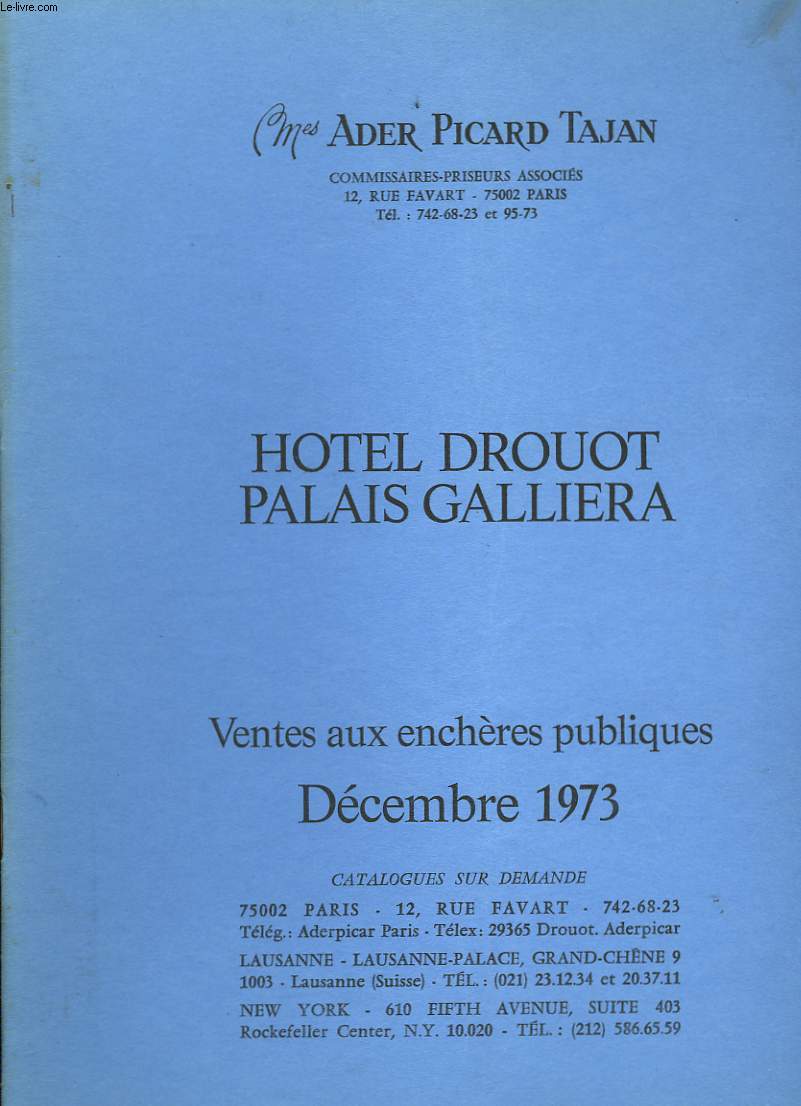 Catalogue de Ventes aux enchres publiques. Dcembre 1973