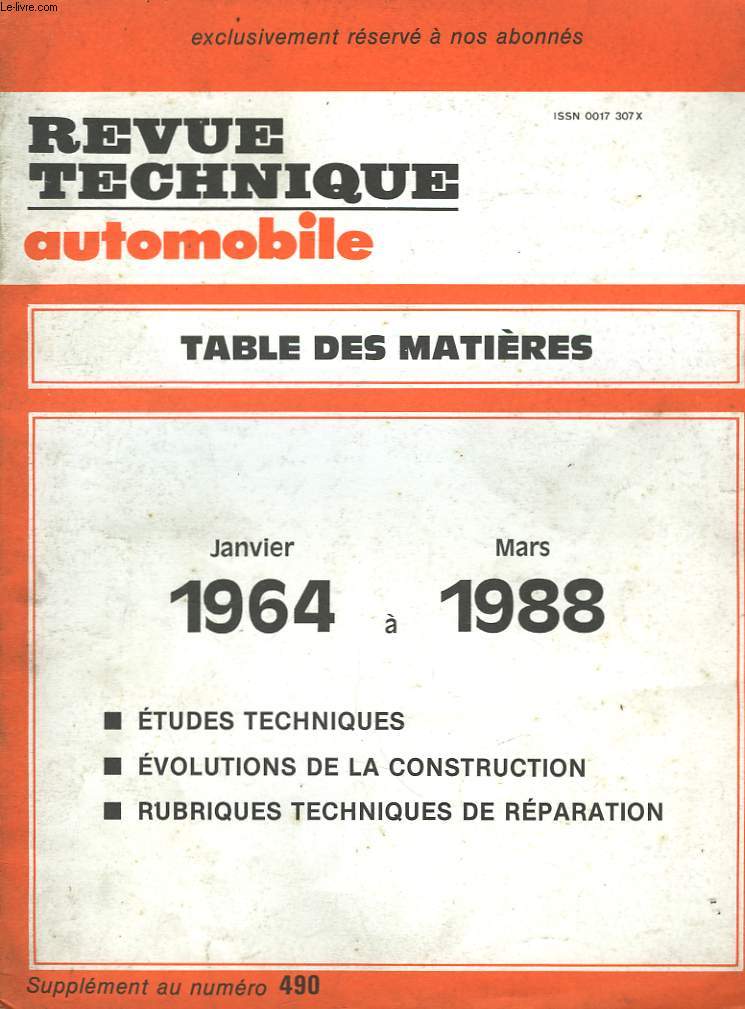 Revue Technique Automobile. Supplment au n490