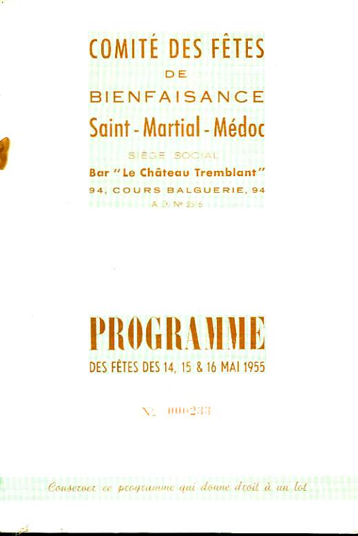 Programme des ftes des 14, 15 & 16 Mai 1955,  Saint-Martial-Mdoc. N233