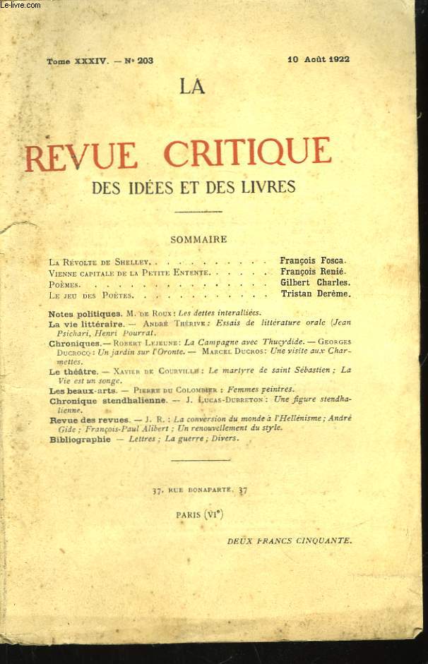 La Revue Critique des Ides et des Livres. TOME XXXIV, n203