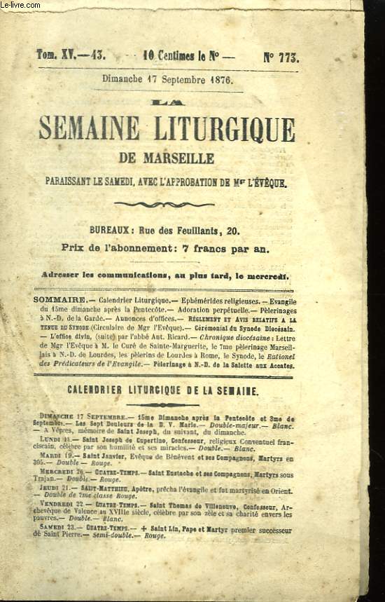 La Semaine Liturgique de Marseille. N43, Tome XV.