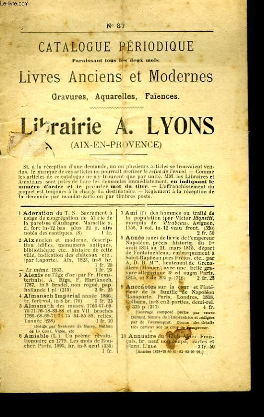Catalogue priodique de Livres Anciens et Modernes. N87