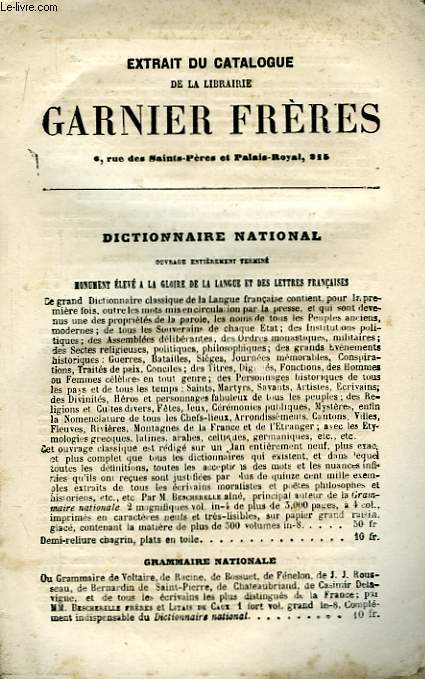 Extrait du catalogue de la Libraire Garnier Frres.