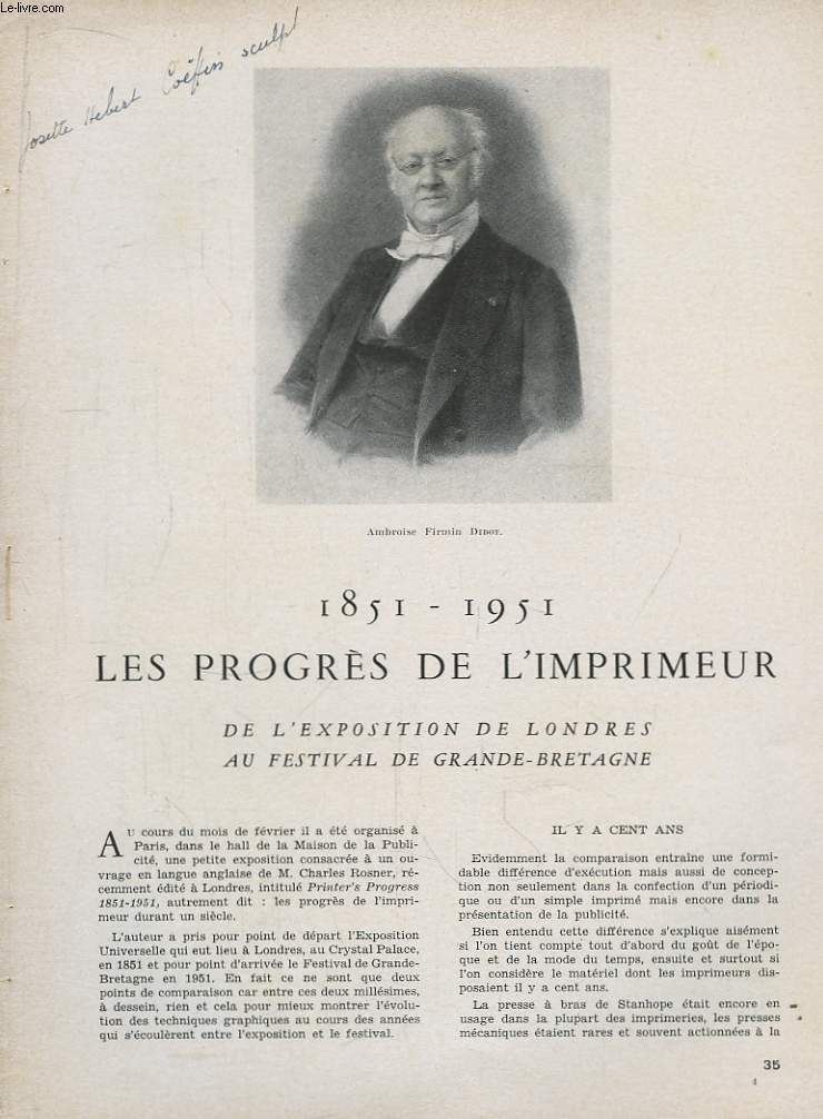 1851 - 1951, les progrs de l'Imprimeur, de l'Exposition de Londres au festival de Grande-Bretagne.