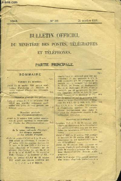 Bulletin Officiel du Ministre des Postes, Tlgraphes et Tlphones n30