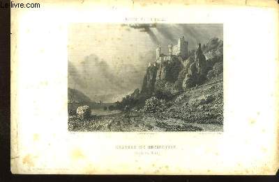 Chteaux de Rheinstein (bords du Rhin). Une Gravure, XIXme sicle, en noir et blanc.