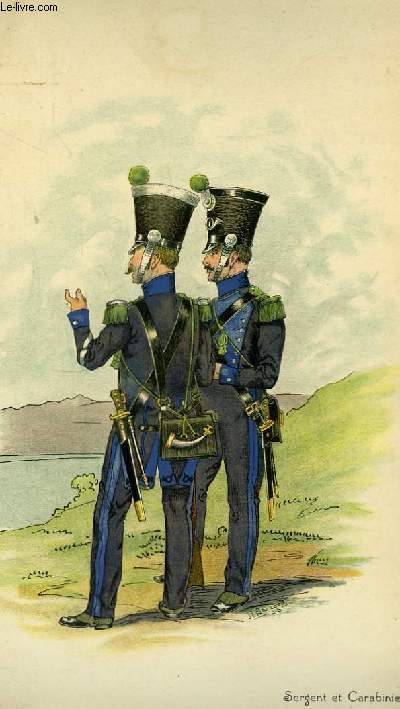Lithographie en couleurs, d'aprs une aquarelle, d'un Sergent et d'un Carabinier de 1820. Extrait de L'Uniforme des Carabiniers Vaudois,  travers les ges 1768 - 1918.