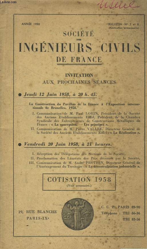 Socit des Ingnieurs Civils de France. Bulletin N7et 8. Cotisation 1958