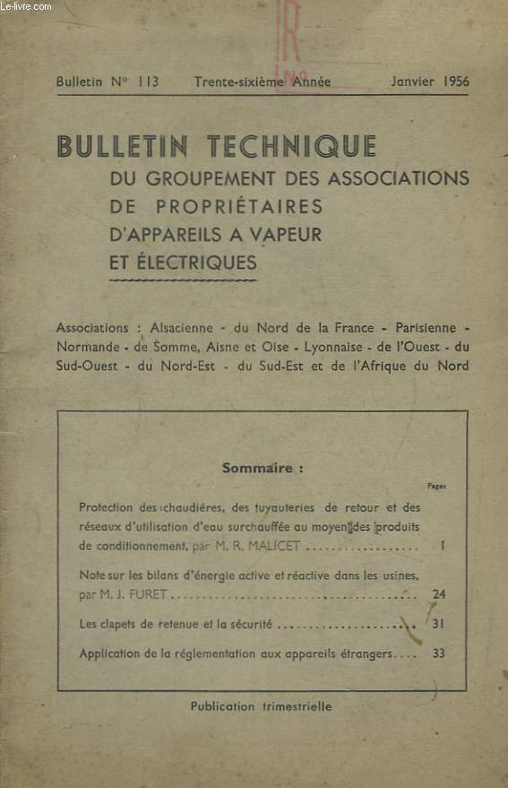Bulletin Technique du Groupement des Associations de Propritaires d'Appareils  Vapeur et Electriques N113