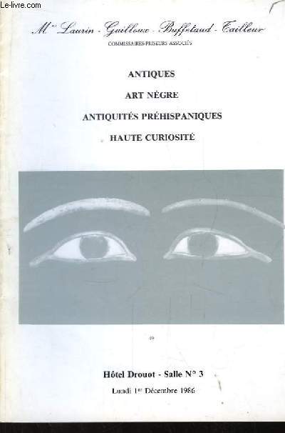 Catalogue de la Vente aux Enchres du 1er dcembre 1986,  l'Htel Drouot. Antiques, Art Ngre, Antiquits Prhispaniques, Haute Curiosit.