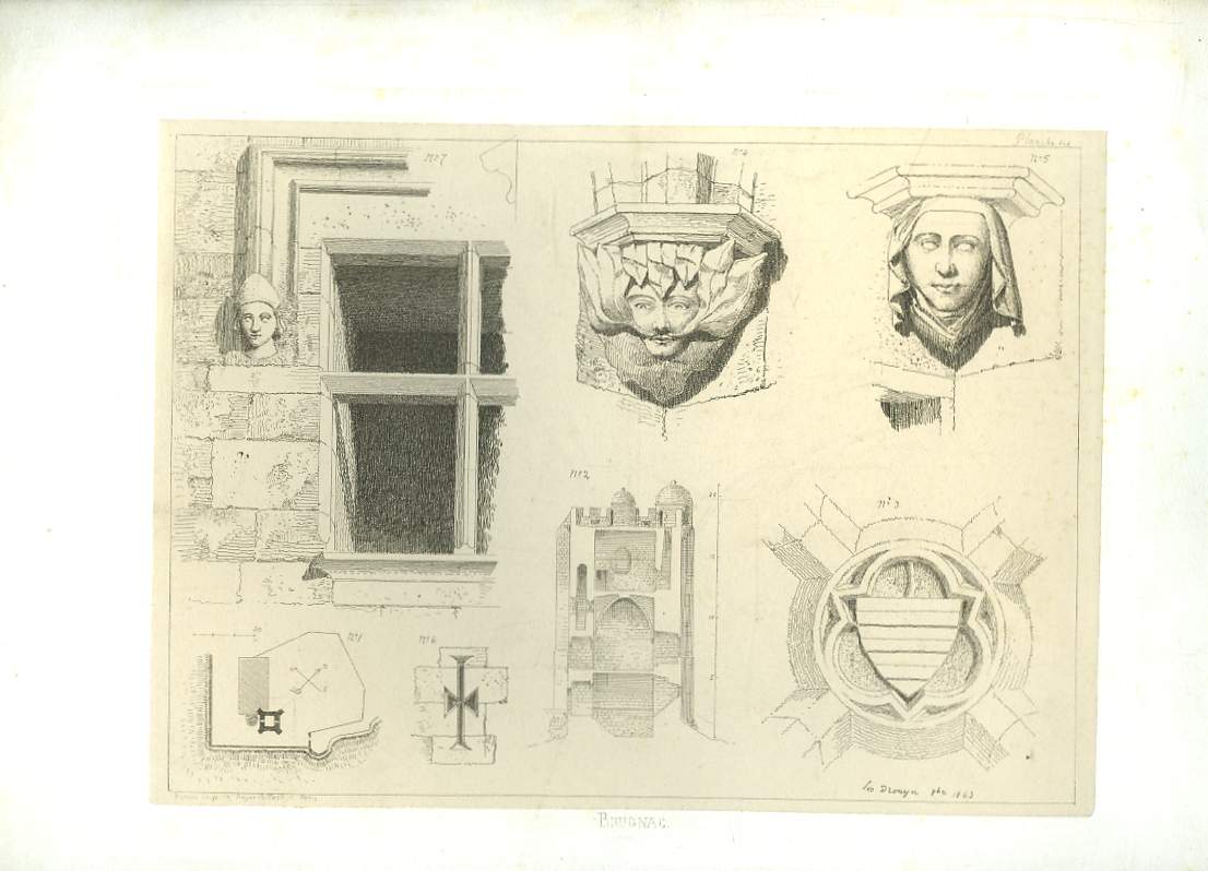 Gravure originale de Brugnac. Dcoration en tte de colonnes.