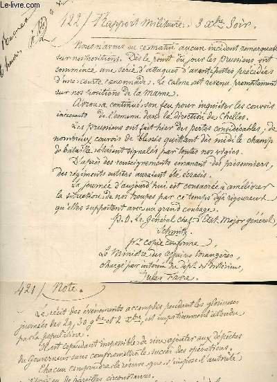 2 recueils de lettres manuscrites, rapports et compte-rendus militaires sur l'tat des troupes, dplacements de l'Empereur, en fac-simils, durant la Rvolution de 1870 / 1871