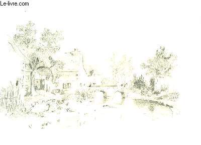 Un dessin original, au crayon d'une entre de village, avec son pont de pierre, traverse par un passant et un ne. Au premier plan, une rivire et quelques roseaux sur les rives.