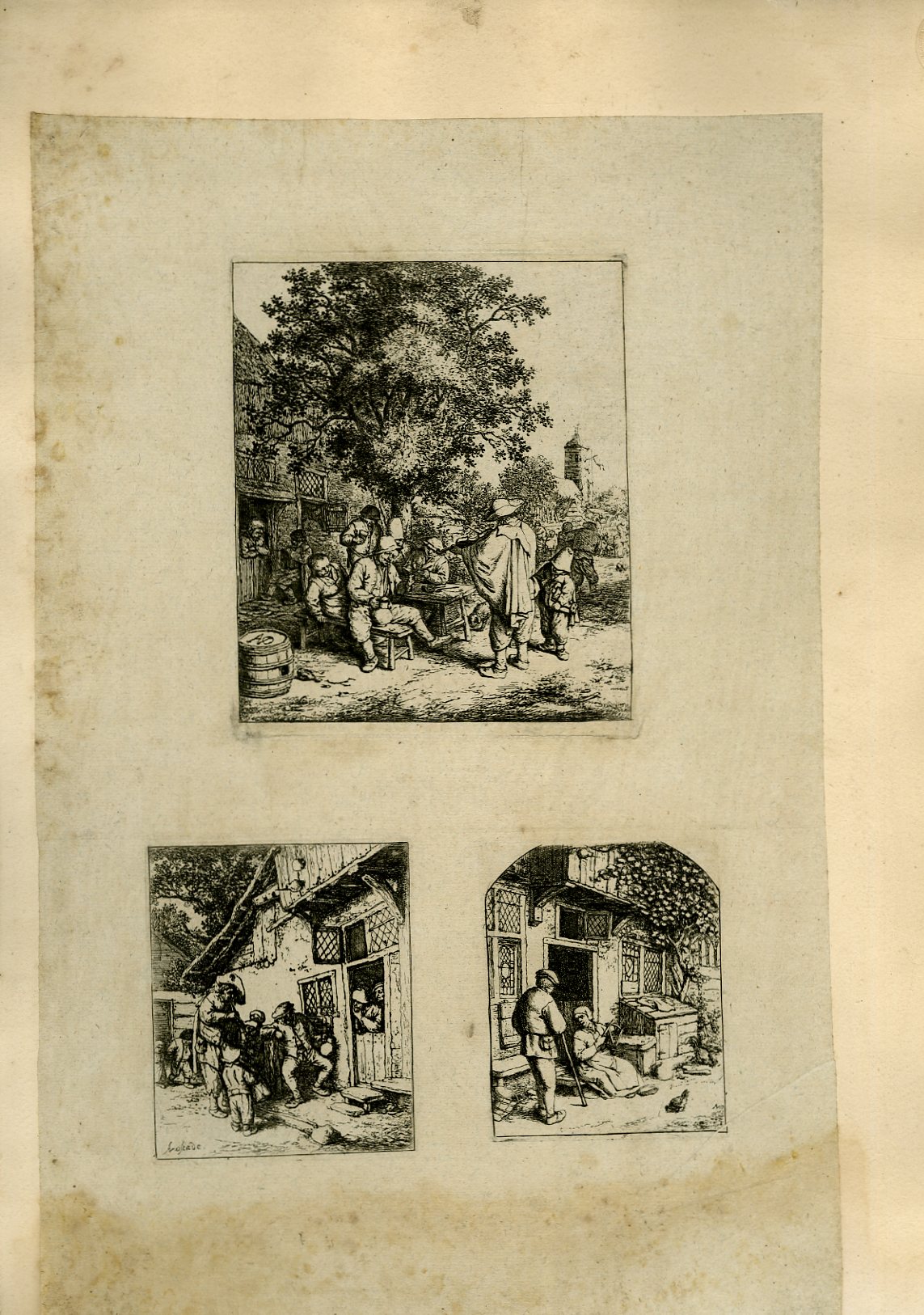 Planche illustre de 3 gravures originales en noir et blanc : 3 scnes de village.