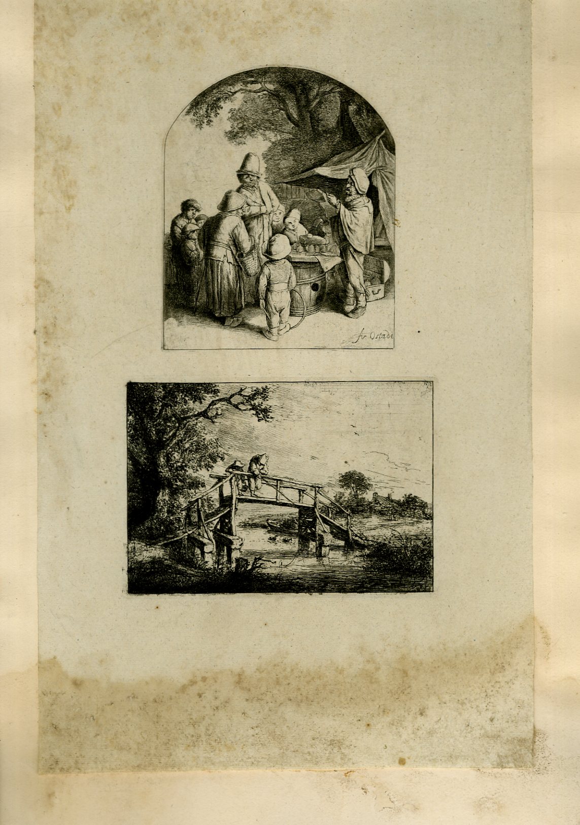 Planche illustre de 2 gravures originales en noir et blanc : Scnes de village devant le commerce d'un itinrant - Vue sur 2 pcheurs sur un pont en bois.