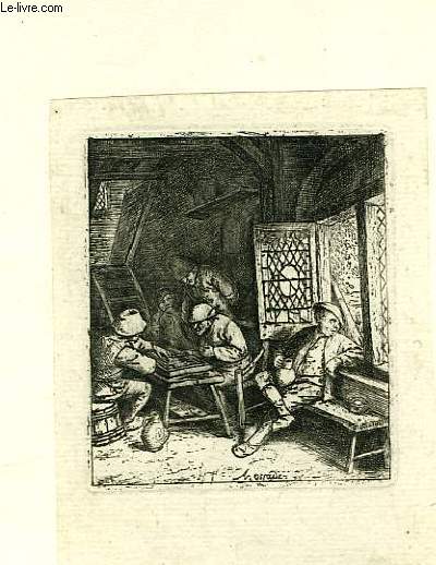 Une gravure originale, en noir et blanc, de 4 hommes jouant  un jeu de socit et d'un 5me buvant son vin, l'air pensif.