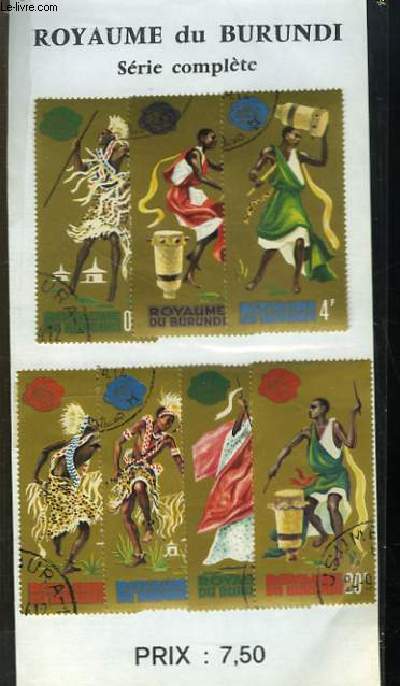 Collection de 7 timbres-poste oblitrs, du Royaume du Burundi. Danses et Percussions.