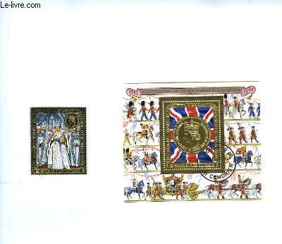 Collection de 2 timbres-poste oblitrs, du 25e Anniversaire du Couronnement d'Elizabeth II, 1953 - 1978. Rpublique des Comores.