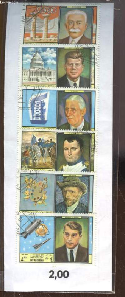 Collection de 6 timbres-poste, neufs ou oblitrs, de Ras Al Khaima. Pierre de Coubertin, JFK, De Gaulle, Napolon, Van Gogh, Wernher von Braun.