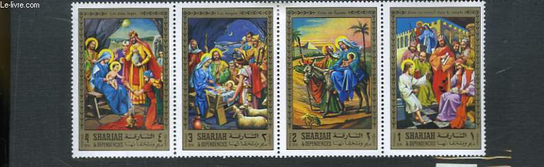 Collection de 4 timbres-poste neufs, de Sharjah & Dependencies. Les Trois Sages - Les Bergers - Fuite en Egypte - Jsus est trouv dans le Temple.