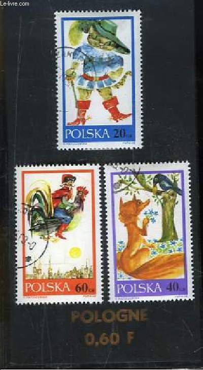 Collection de 3 timbres-poste oblitrs, de Pologne. Chat Bott, Le Corbeau et le Renard.